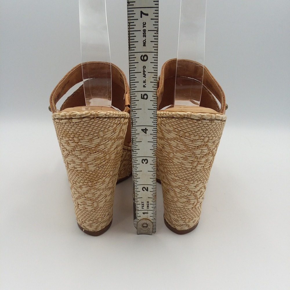 Born Borini Tan Leather Raffia Wedge Sandals Studded Straps Women's 9M Boho - Picture 14 of 16